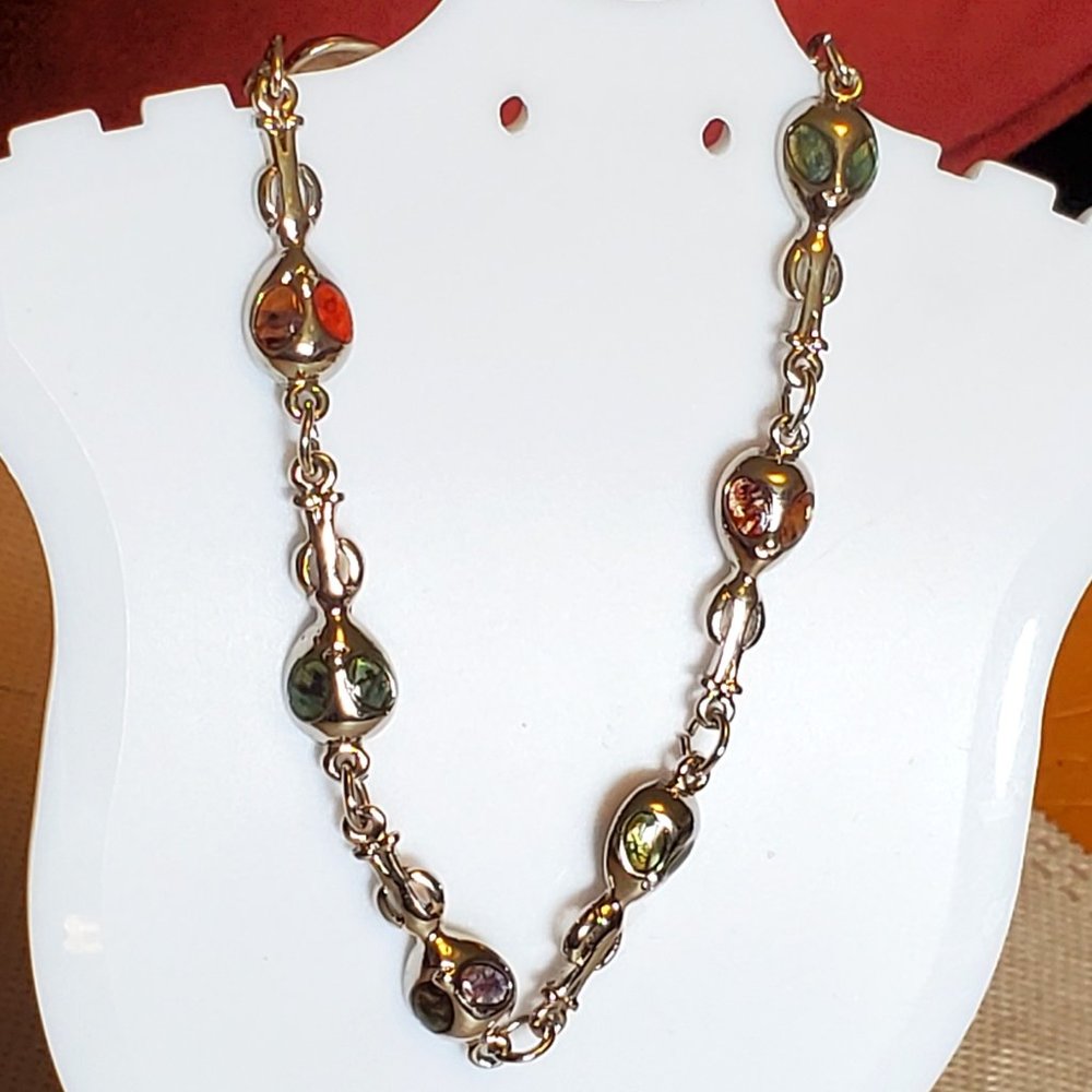 7.5" Silver Tone Alien Abalone Eye Panel Bracelet